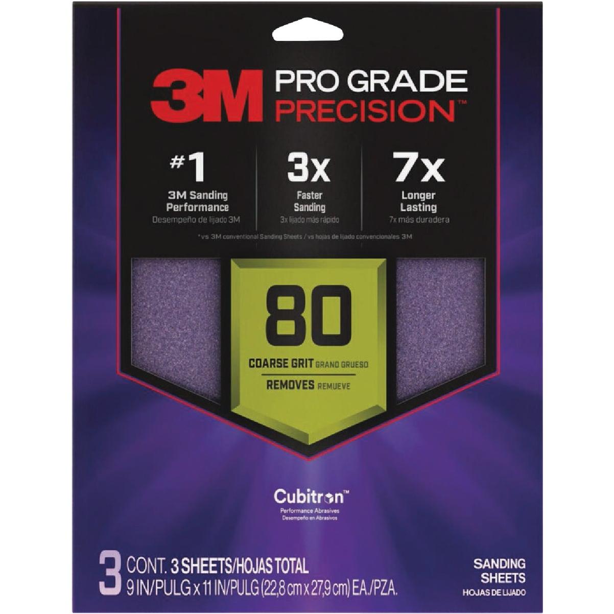 3M Pro Grade Precision 9 In. x 11 In. 80 Grit Sandpaper Sheet with No-Slip Grip Backing (3-Pack)