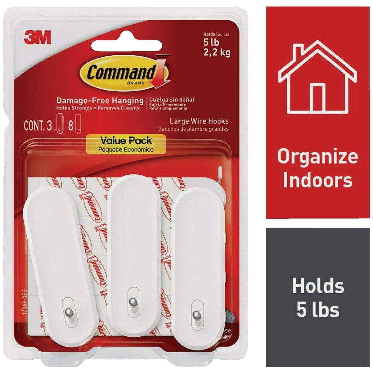 Command Large Wire Hook, White, 3 Hooks, 8 Strips