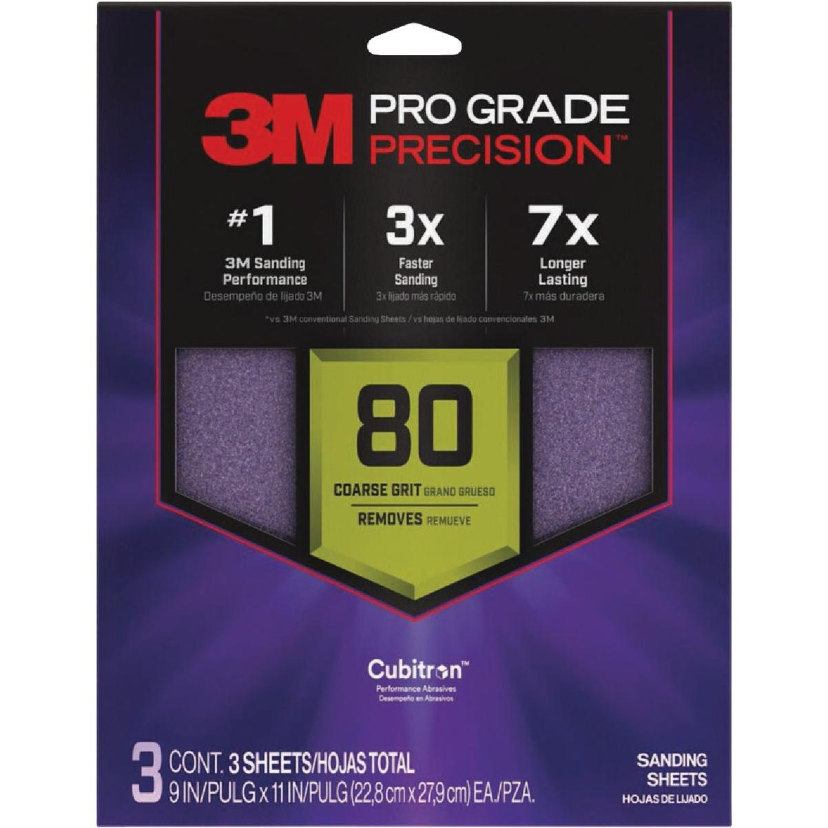 3M Pro Grade Precision 9 In. x 11 In. 180 Grit Sandpaper Sheet with No-Slip Grip Backing (3-Pack)