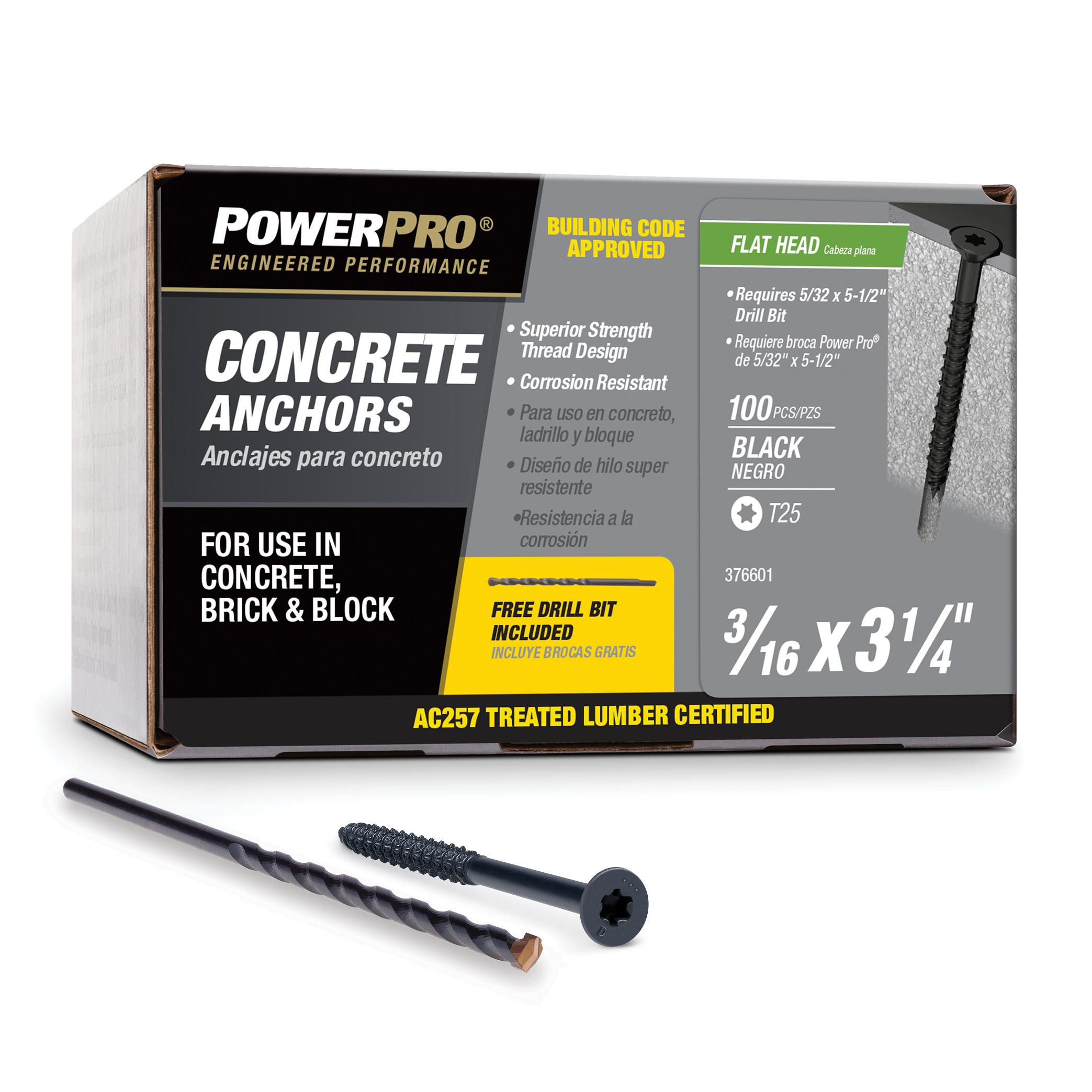 Power Pro Black Flat-Head Concrete Screw Anchors (3/16" x 3-1/4") - 100 pc