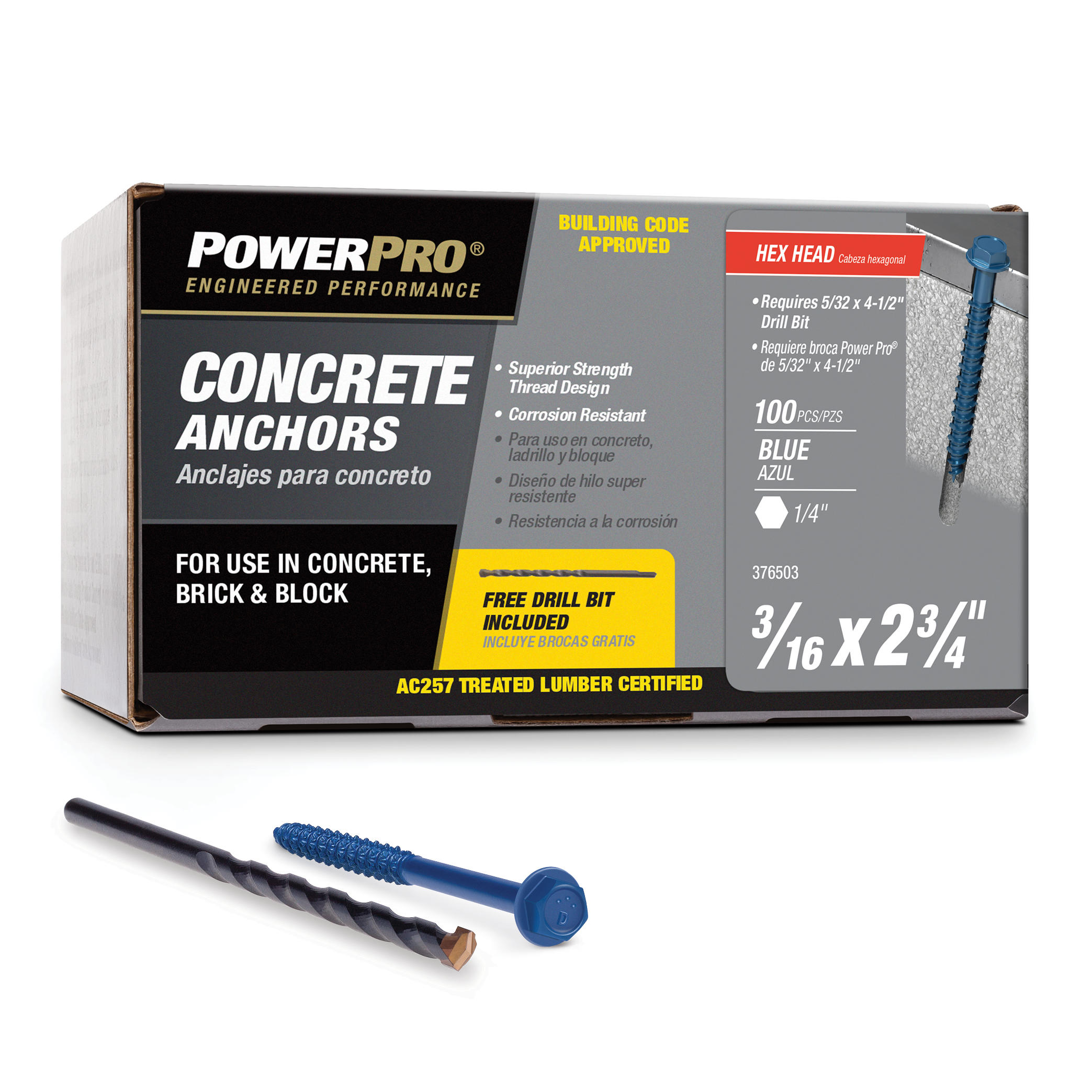 Power Pro Blue Hex Washer-Head Concrete Screw Anchors (3/16" x 2-3/4") - 100 pc