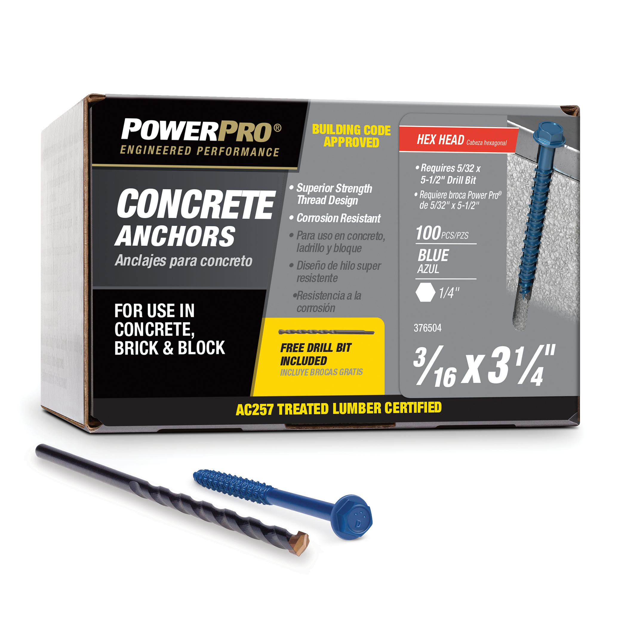 Power Pro Blue Hex Washer-Head Concrete Screw Anchors (3/16" x 3-1/4") - 100 pc