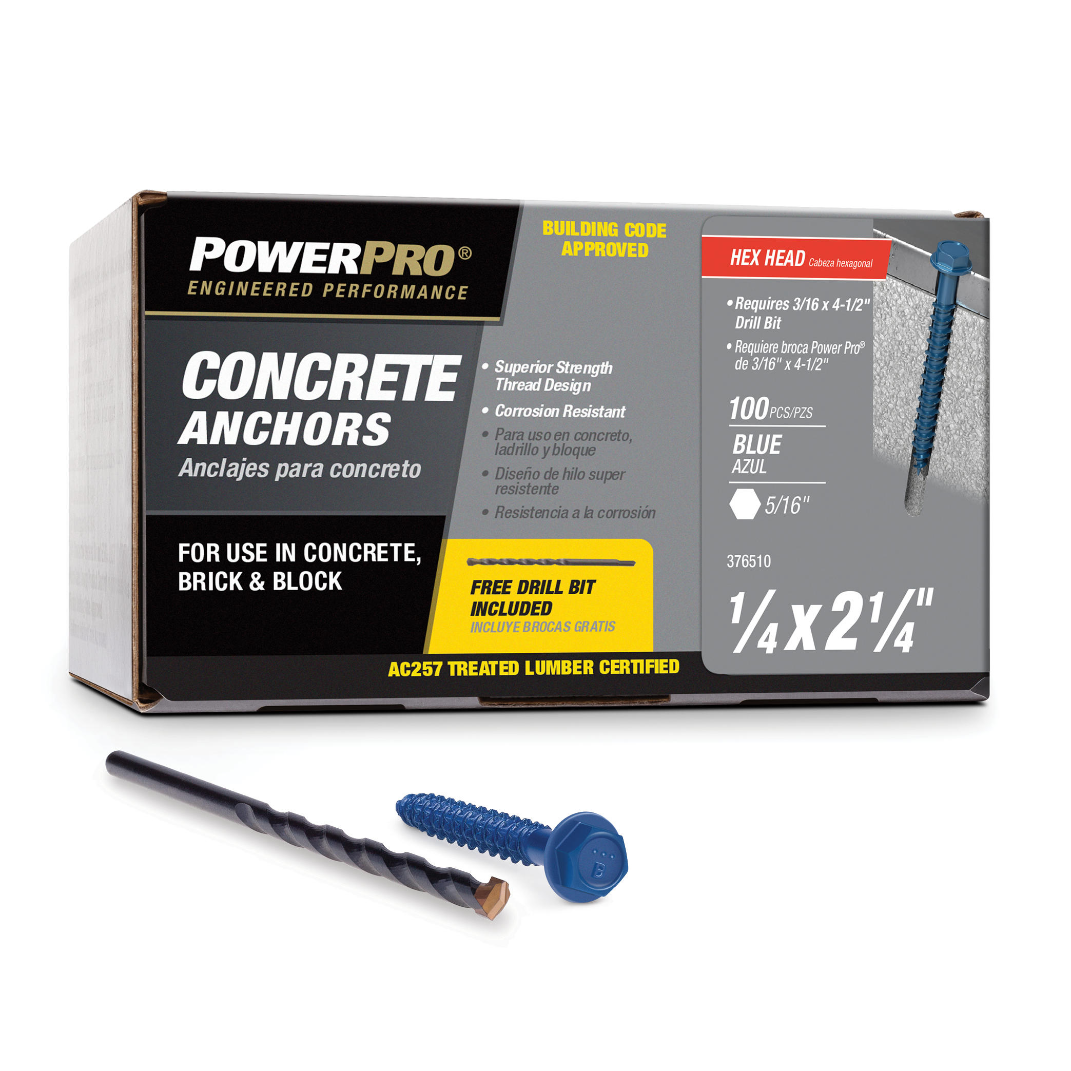 Power Pro Blue Hex Washer-Head Concrete Screw Anchors (1/4" x 2-1/4") - 100 pc