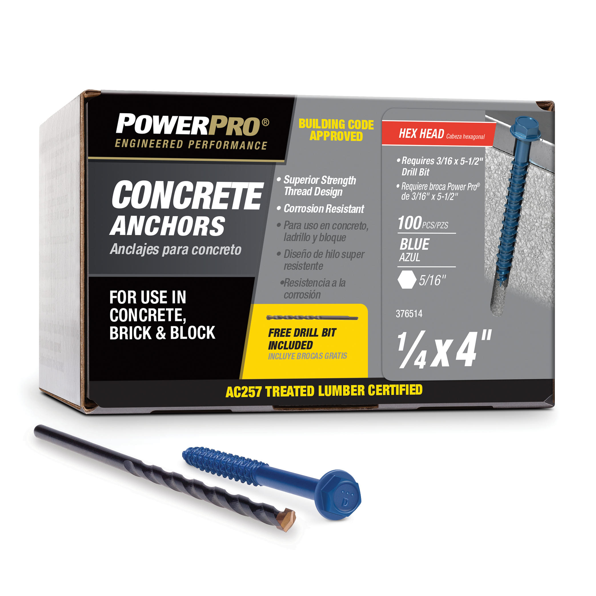 Power Pro Blue Hex Washer-Head Concrete Screw Anchors (1/4" x 4") - 100 pc