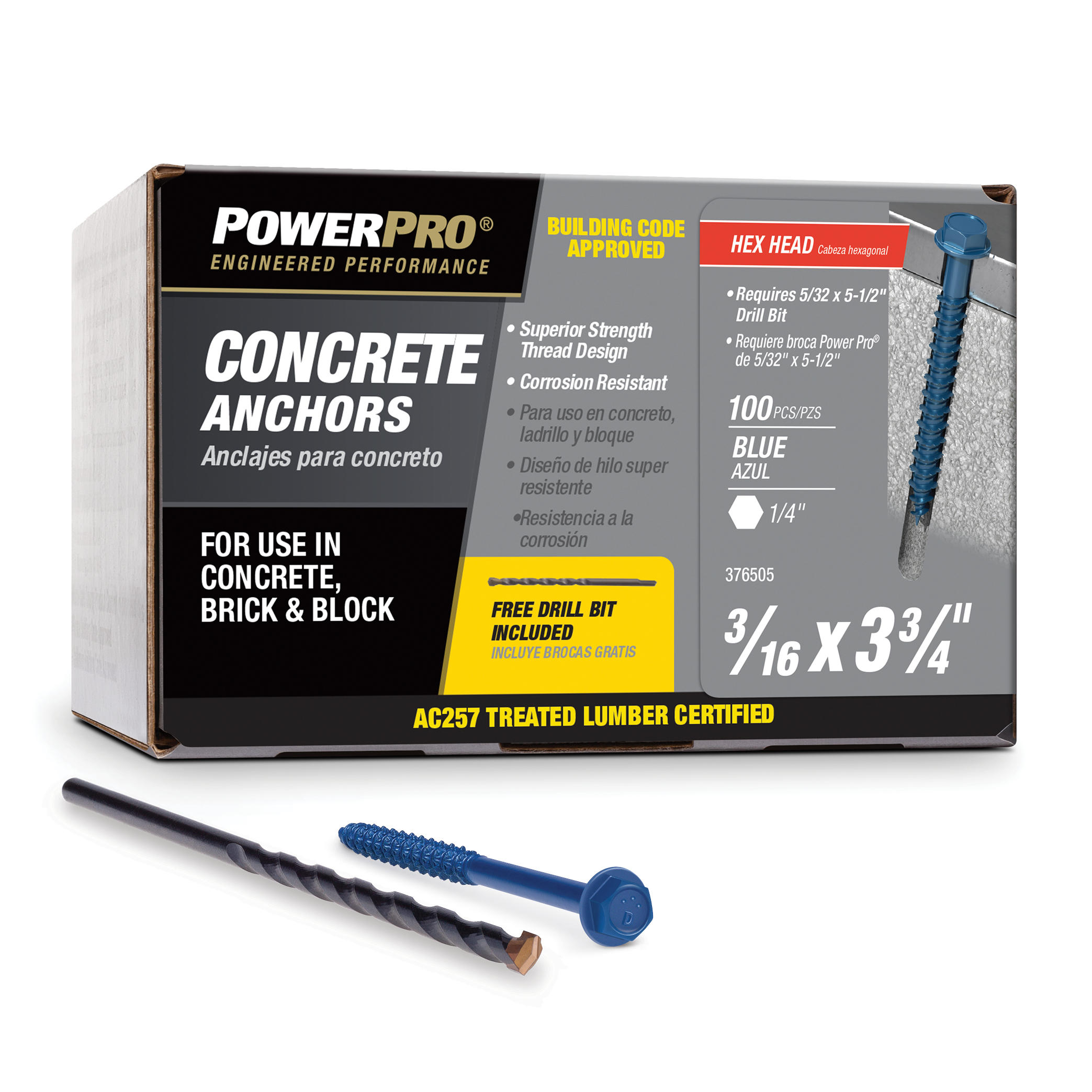 Power Pro Blue Hex Washer-Head Concrete Screw Anchors (3/16" x 3-3/4") - 100 pc