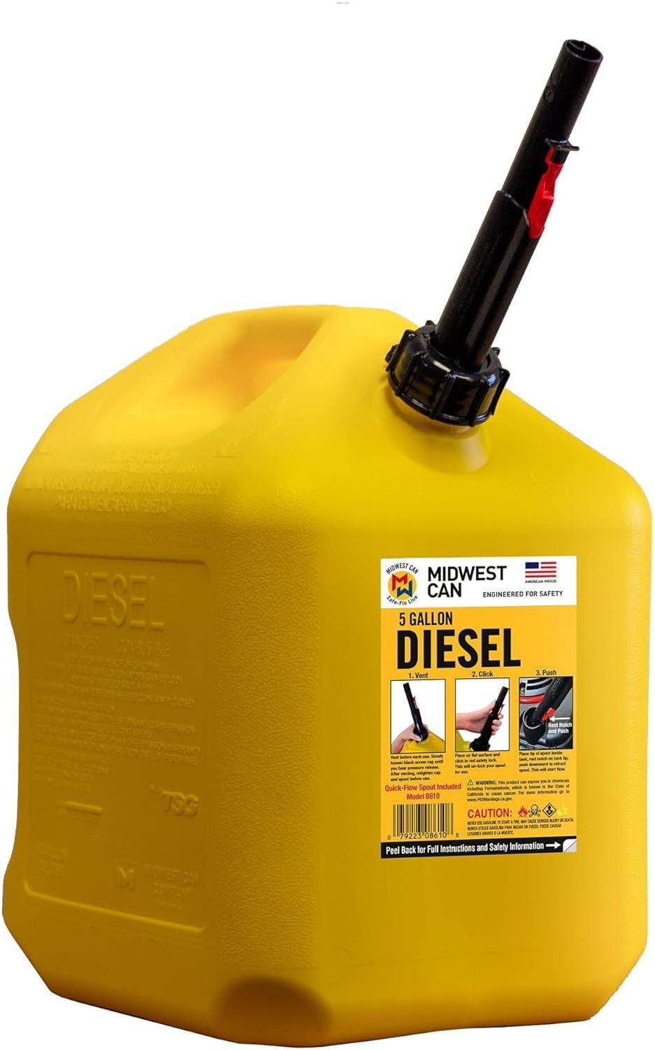 Midwest Can 5 Gal. Plastic Auto Shut Off Diesel Fuel Can, Yellow