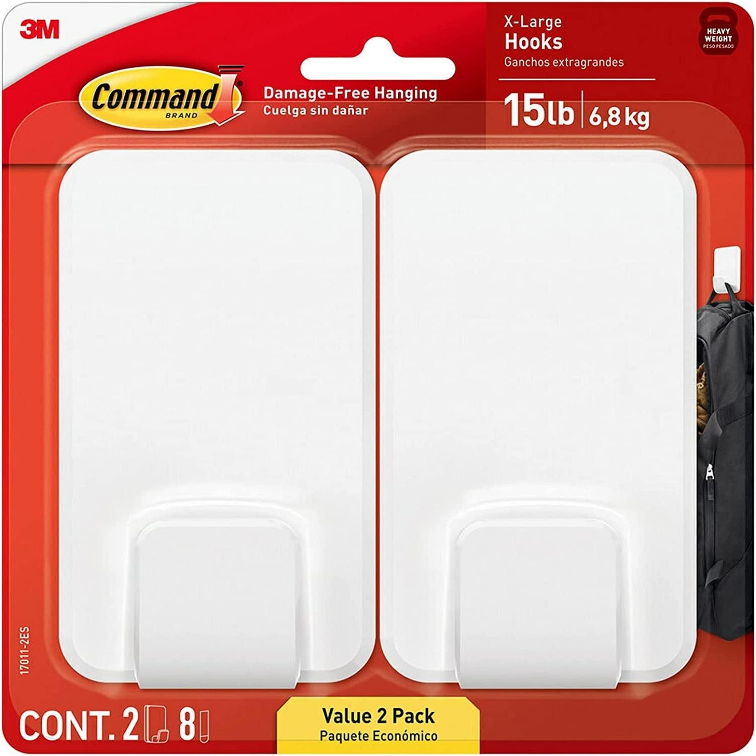 Command Extra Large 15 Lb. Adhesive Hook, White, 2 Hooks, 8 Strips