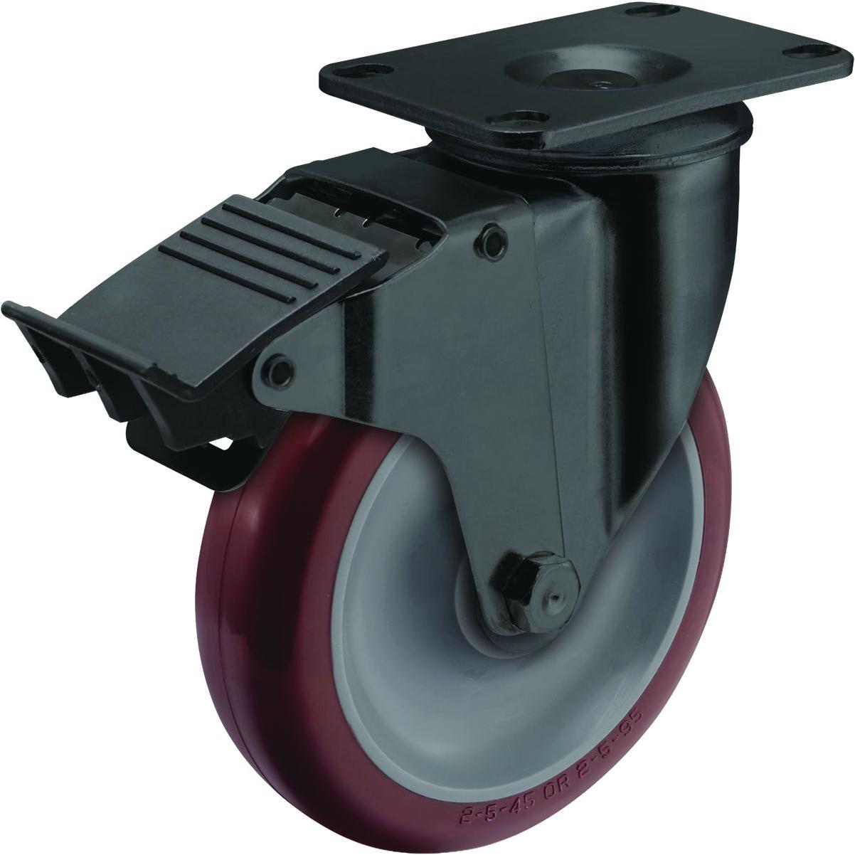Colson 5 In. Red Polyurethane & Black Swivel Plate Caster with Locking Brake