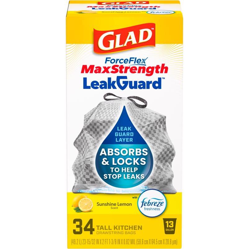 Glad LeakGuard 13‑Gallon Lemon‑Scented Drawstring Kitchen Trash Bags – 34 Pack