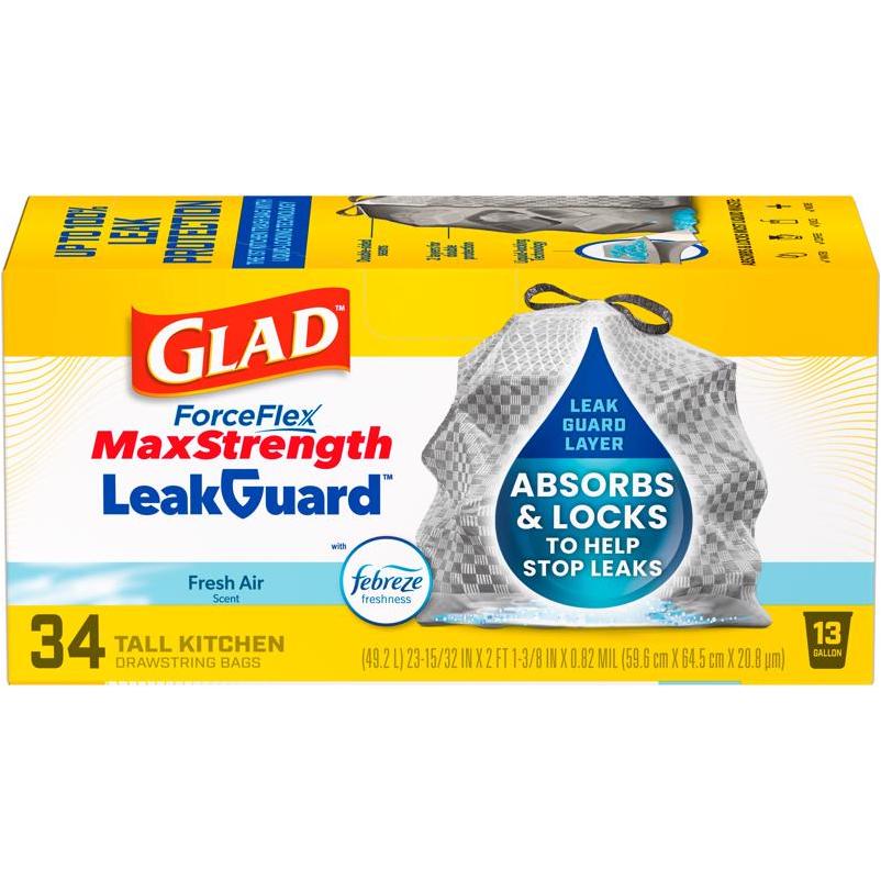 Glad LeakGuard 13‑Gallon Fresh‑Scent Drawstring Kitchen Trash Bags – 34 Pack