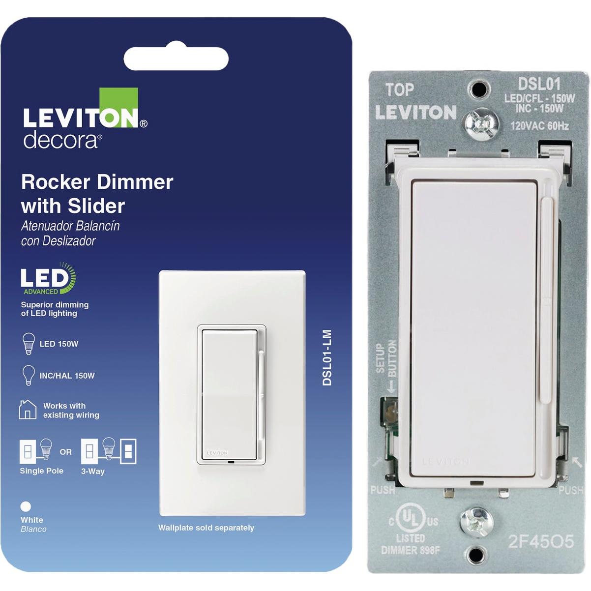 Leviton Decora LED/CFL/Incandescent White Rocker Dimmer with Slide Bar