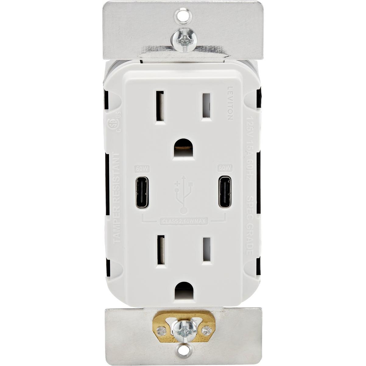 Leviton Decora 15A White 6A Dual Type C/C USB Tamper-Resistant Power Delivery Wall Outlet Charger