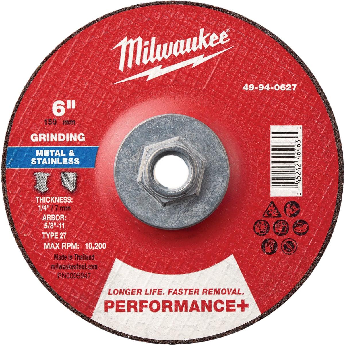 Milwaukee Type 27 6 In. x 1/4 In. x 5/8 In.-11 Performance-Plus Metal Grinding Cut-Off Wheel