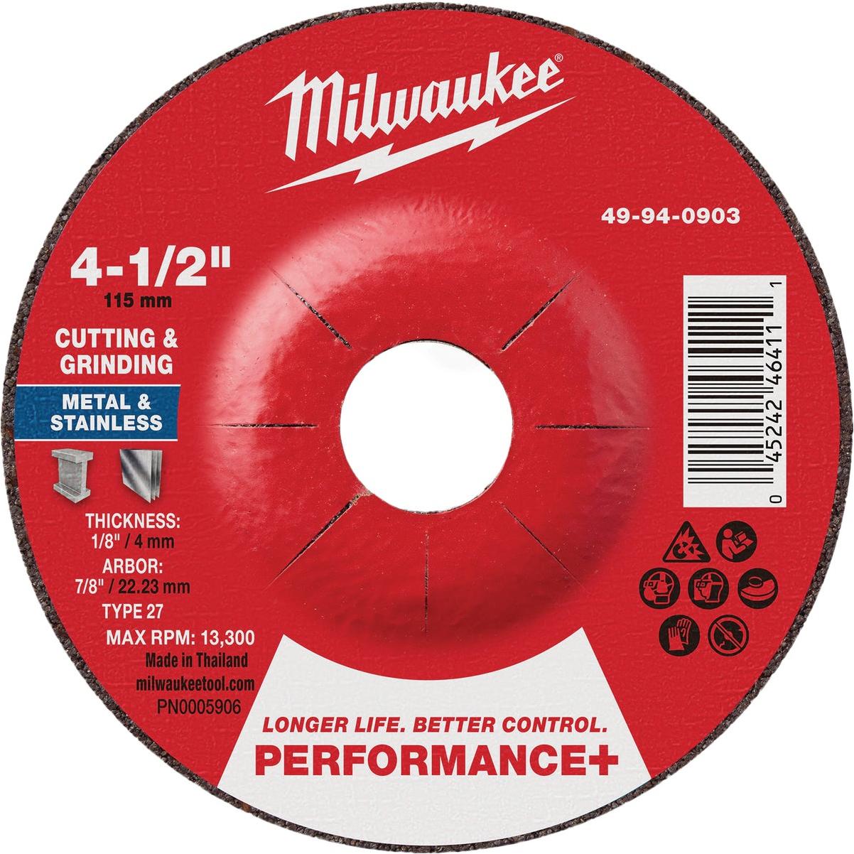 Milwaukee Type 27 4-1/2 In. x 1/8 In. x 7/8 In. Performance-Plus Dual Metal Cut & Grind Wheel