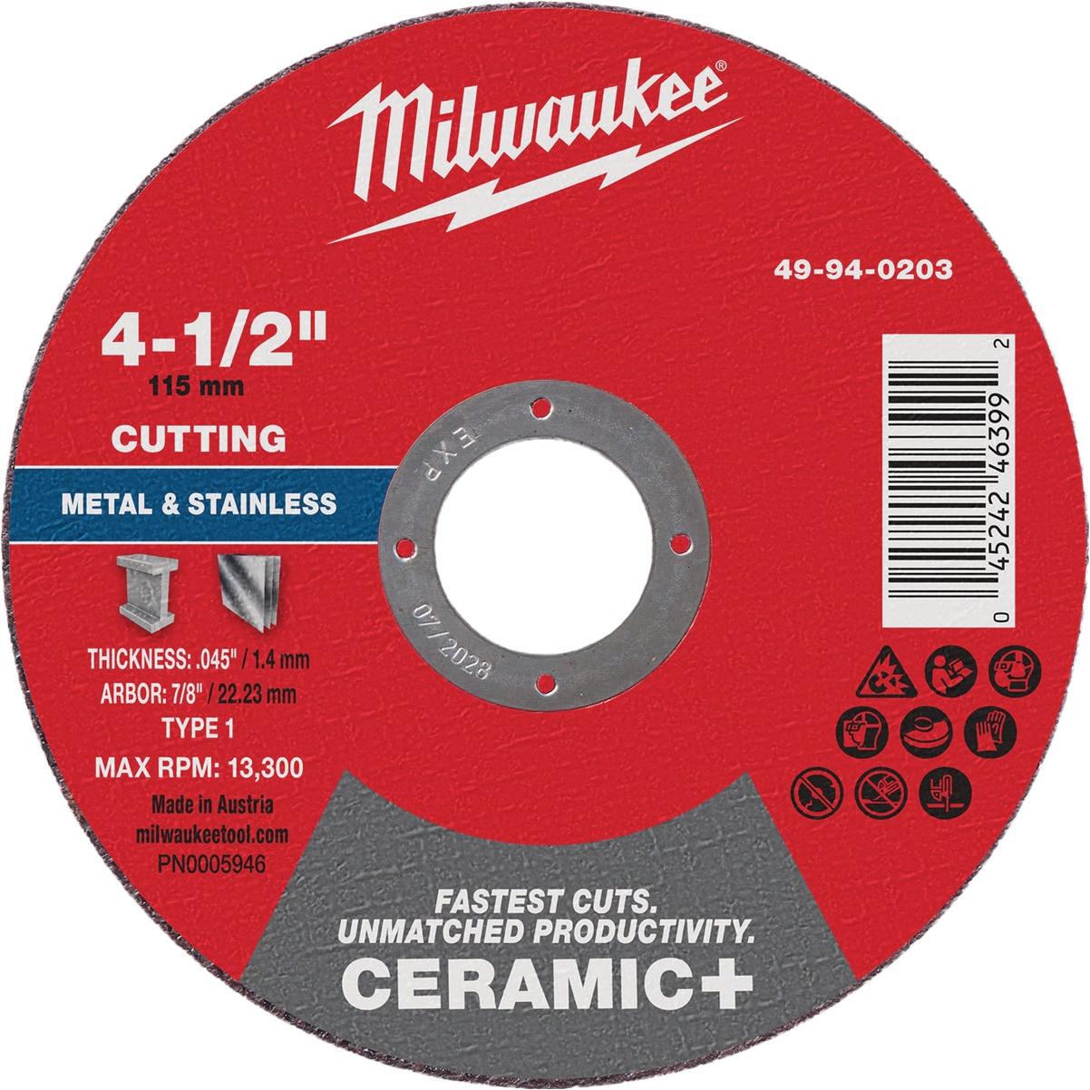 Milwaukee Type 1 4-1/2 In. x .045 In. x 7/8 In. Ceramic-Plus Metal Cut-Off Wheel
