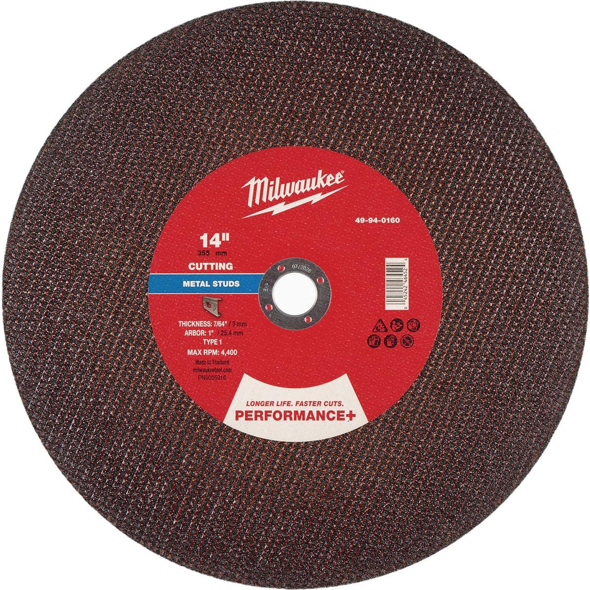 Milwaukee Type 1 14 In. x 7/64 In. x 1 In. Performance-Plus Stud Cutter Metal Cut-Off Wheel