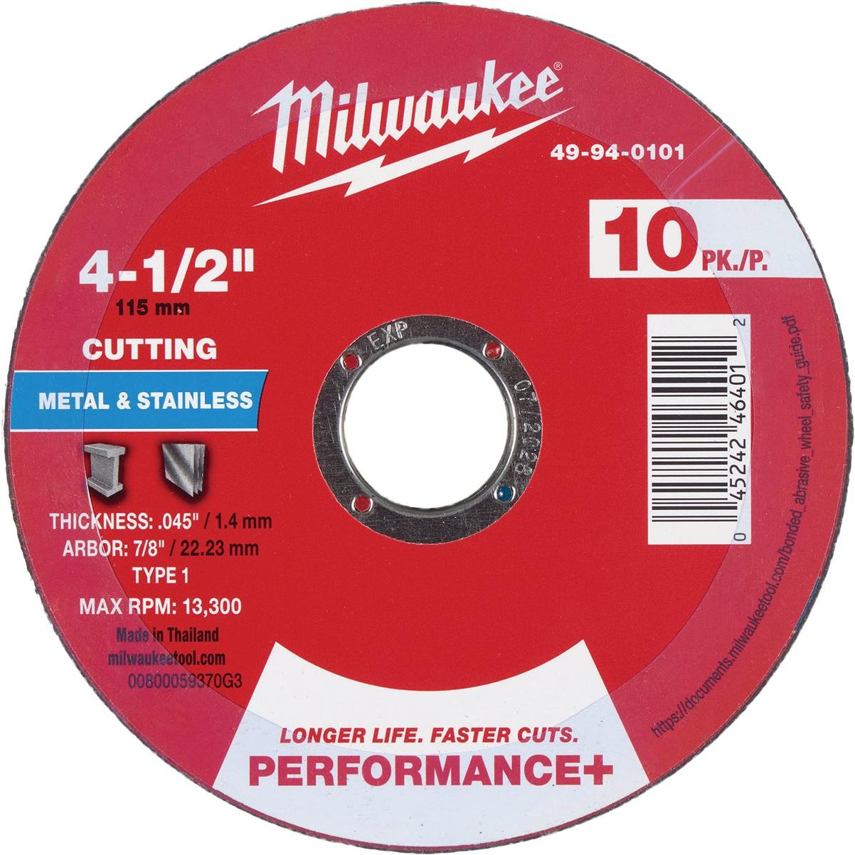 Milwaukee Type 1 4-1/2 In. x .045 In. x 7/8 In. Performance-Plus Metal Cut-Off Wheel (10-Pack)