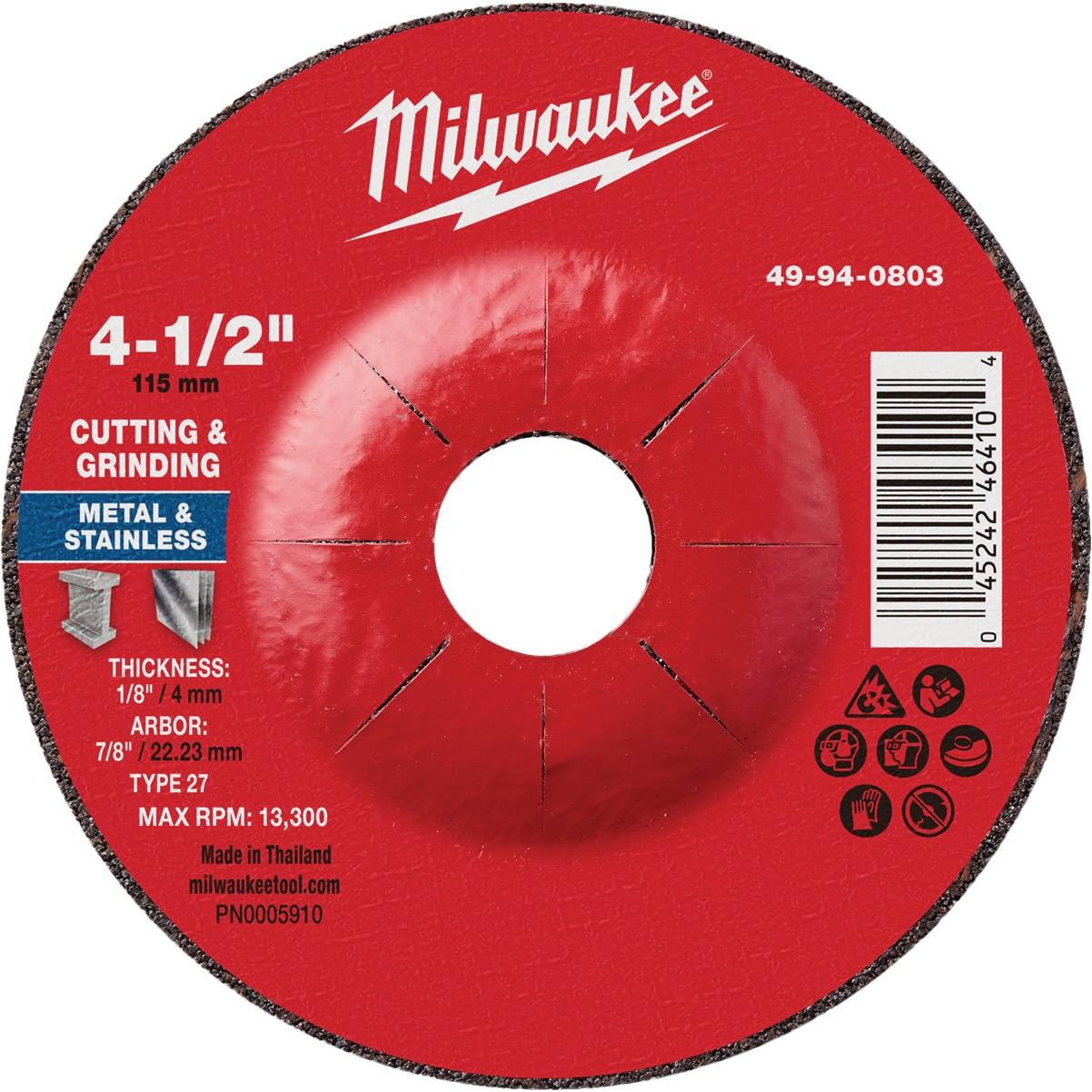 Milwaukee Type 27 4-1/2 In. x 1/8 In. x 7/8 In. Dual Metal Cut & Grind Wheel