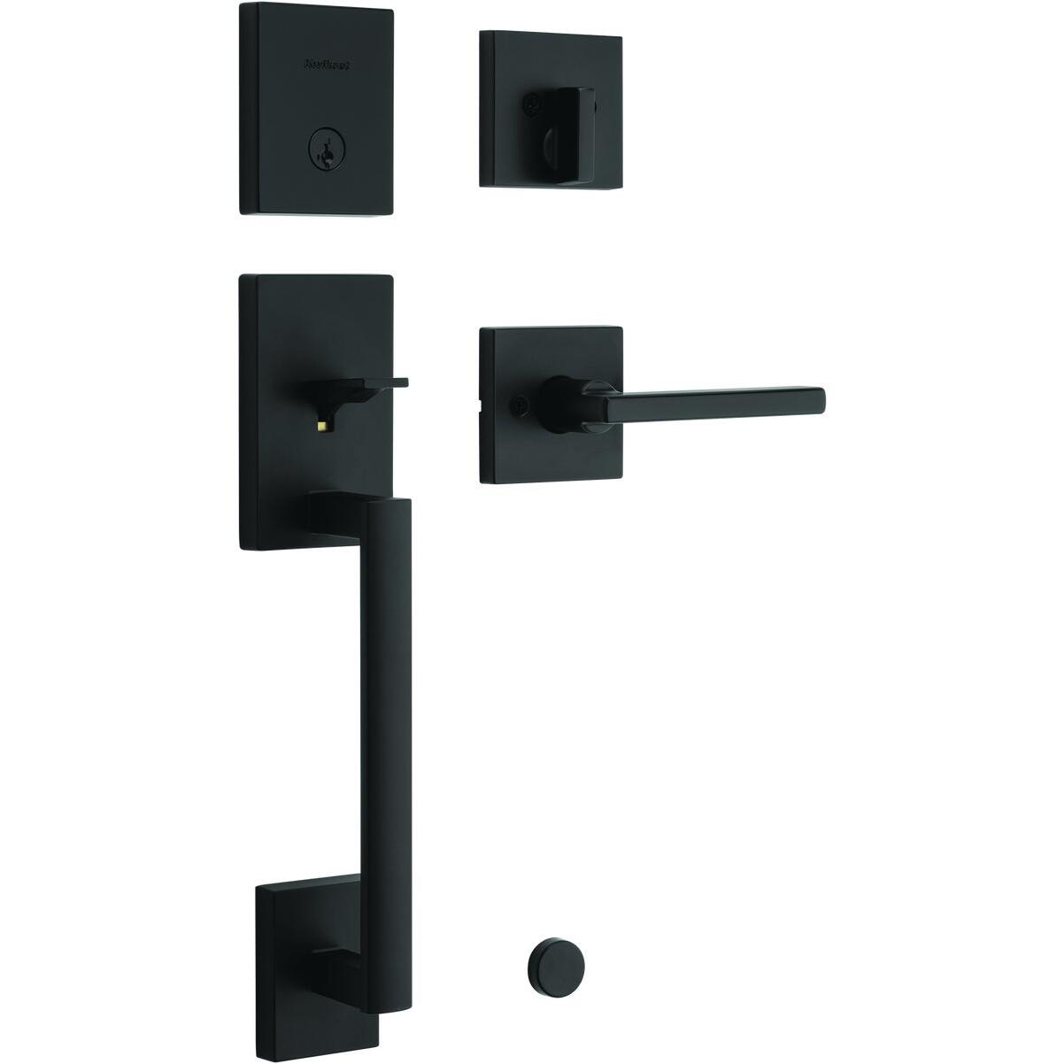 Kwikset SmartKey Matte Black San Clemente Entry Door Handleset with Halifax Lever