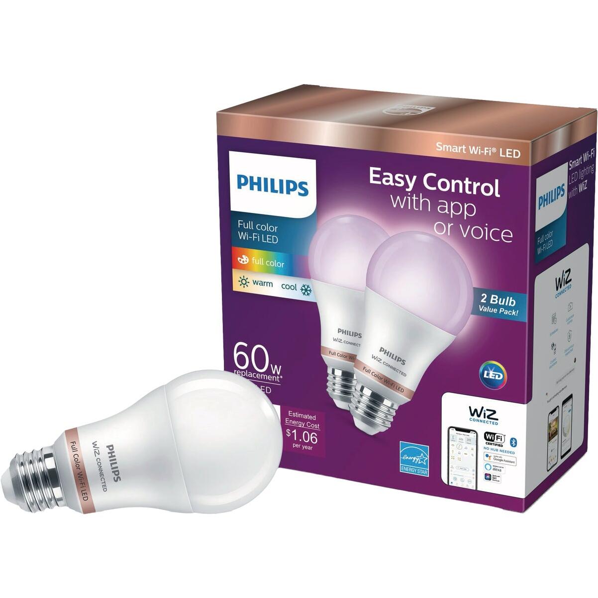Philips Smart Wi-Fi  LED 60W Equivalent Frosted Tunable A19 Medium Base Light Bulb (2-Pack)