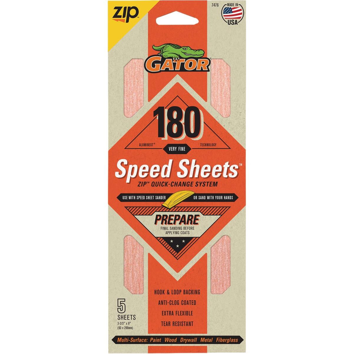 Gator Grit 3 In. x 9 In. Medium ZIP Speed Sheet, 180 Grit (5-Pack)