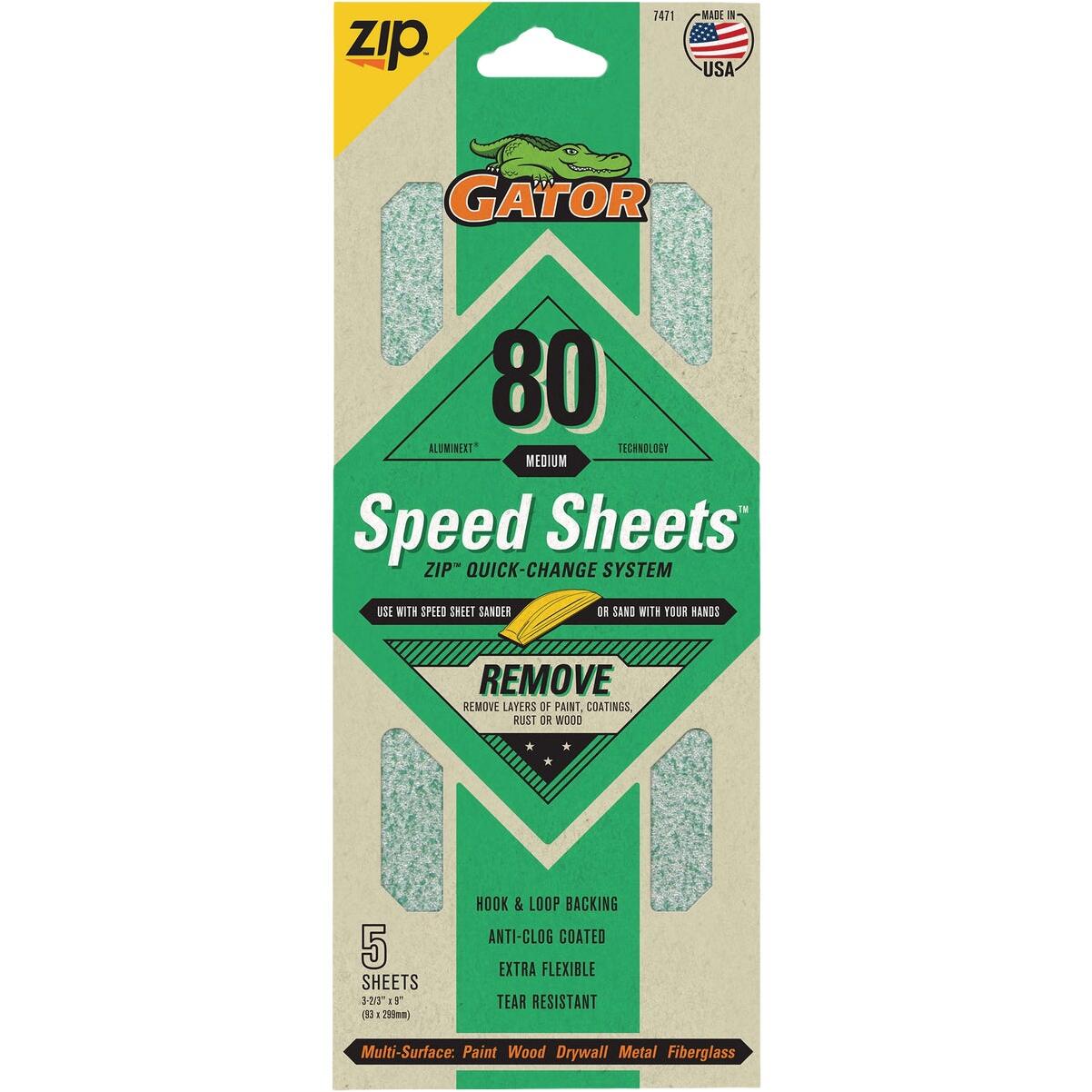 Gator Grit 3 In. x 9 In. Coarse ZIP Speed Sheet, 80 Grit (5-Pack)