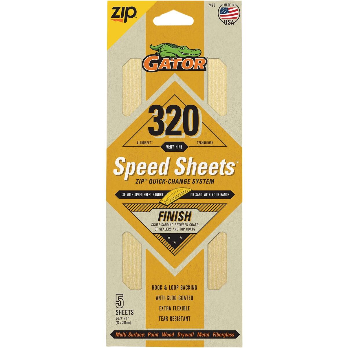 Gator Grit 3 In. x 9 In. Fine ZIP Speed Sheet, 320 Grit (5-Pack)