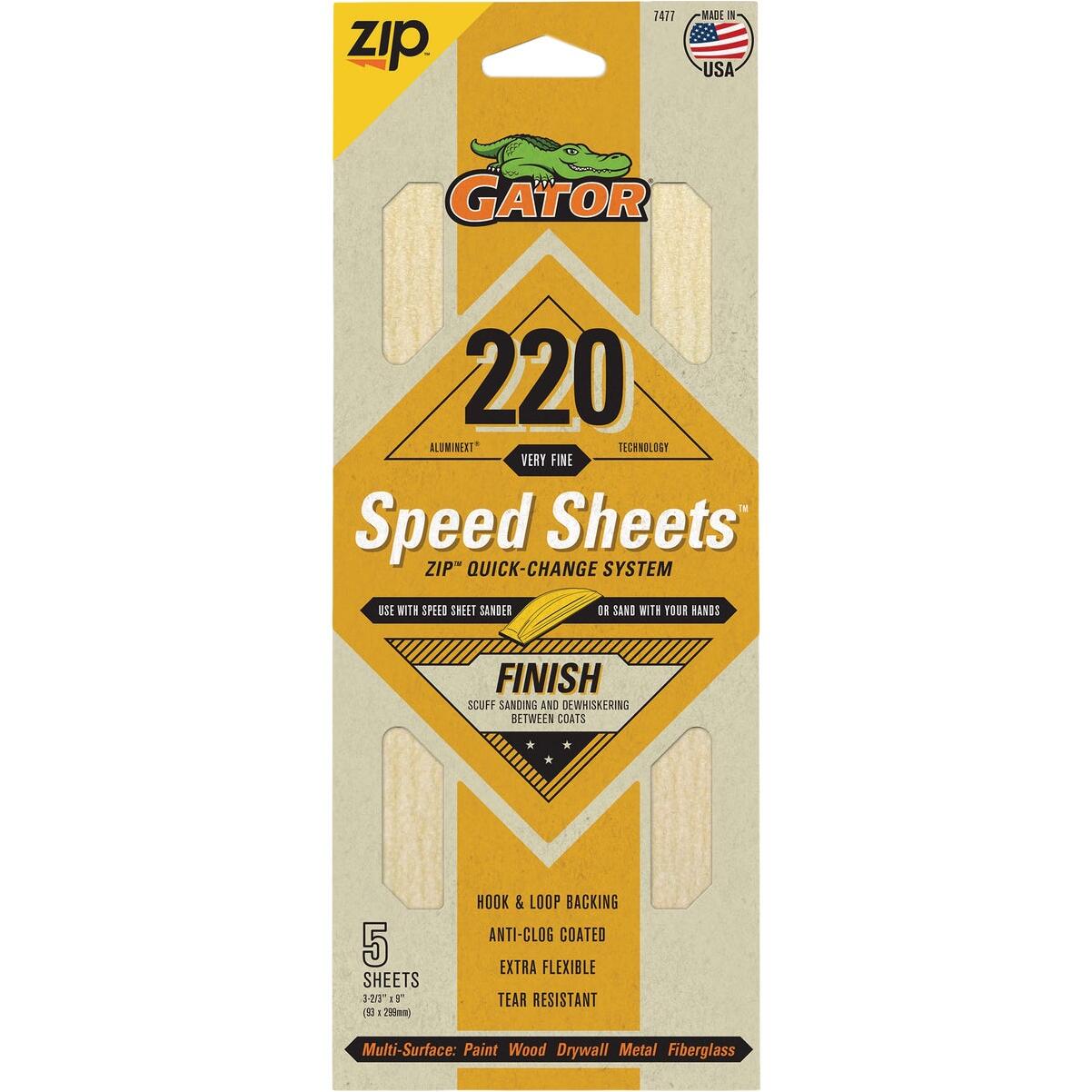 Gator Grit 3 In. x 9 In. Fine ZIP Speed Sheet, 220 Grit (5-Pack)