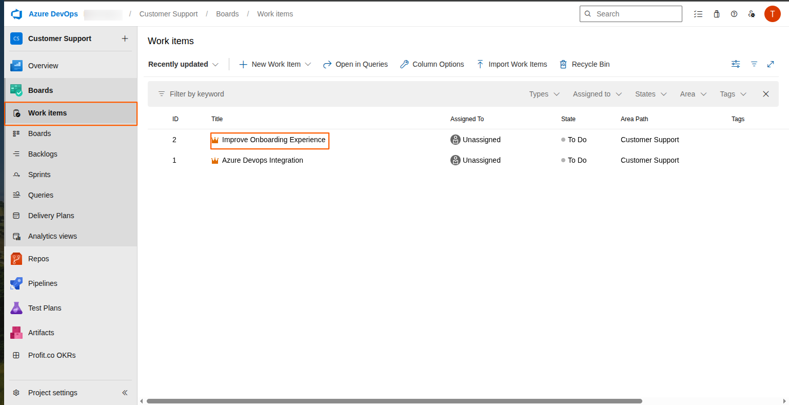 Azure work items