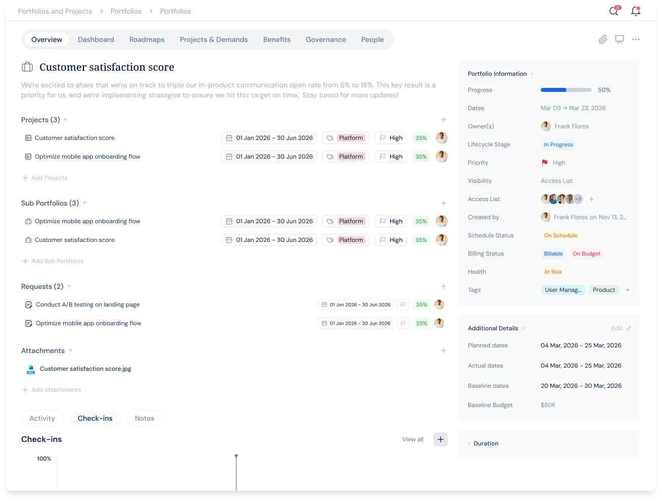 Profit.co portfolio and projects overview with progress and metadata