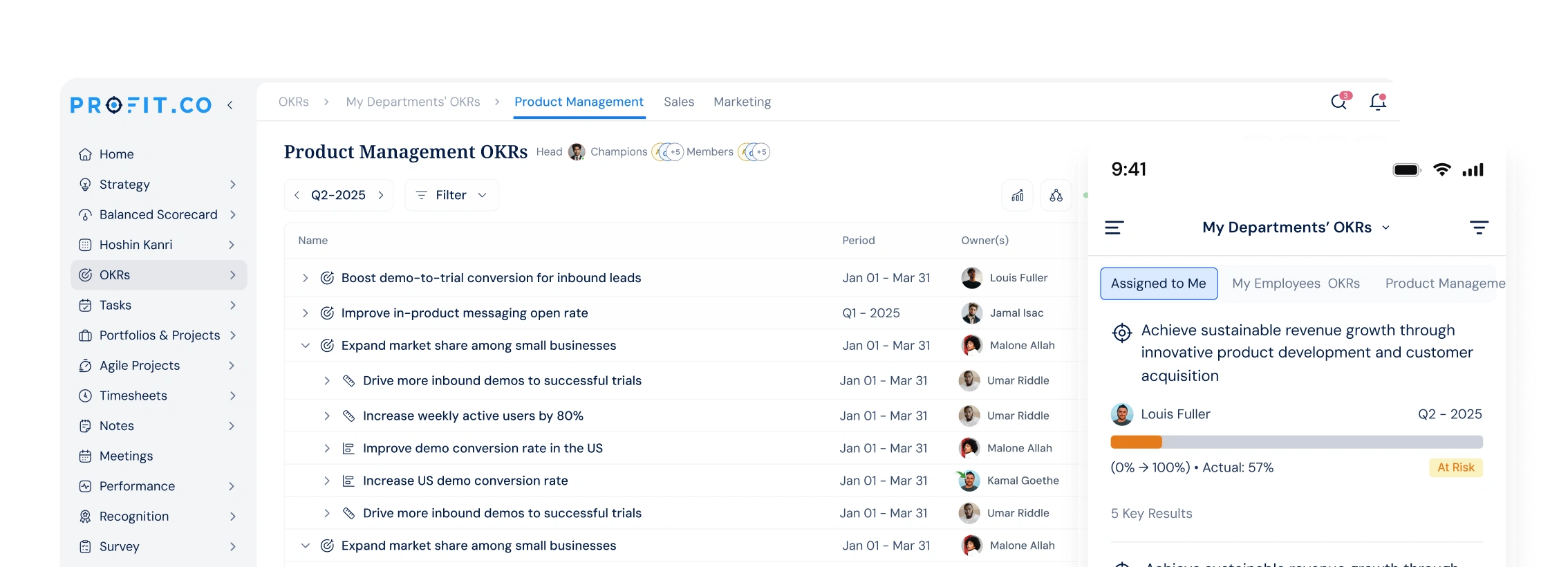 Profit.co OKR dashboard on desktop and mobile