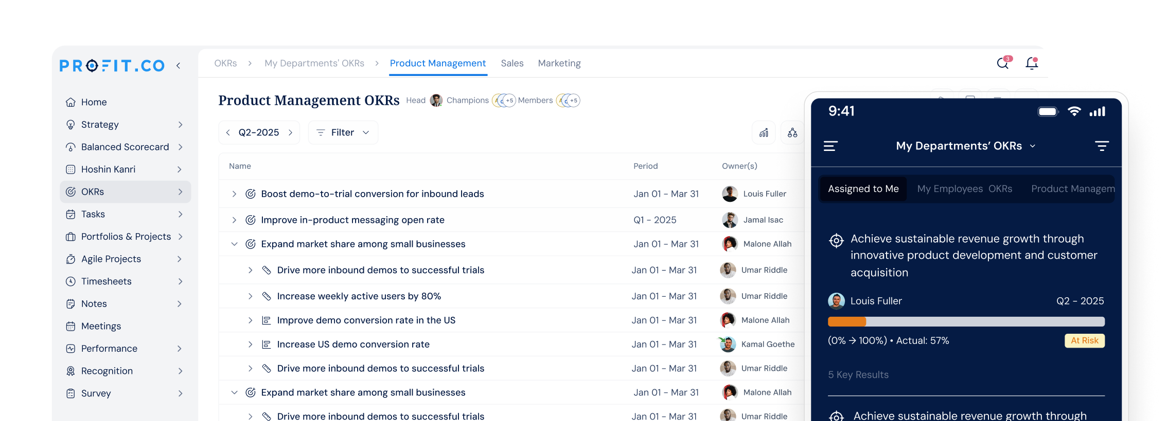 Profit.co OKR dashboard on desktop and mobile