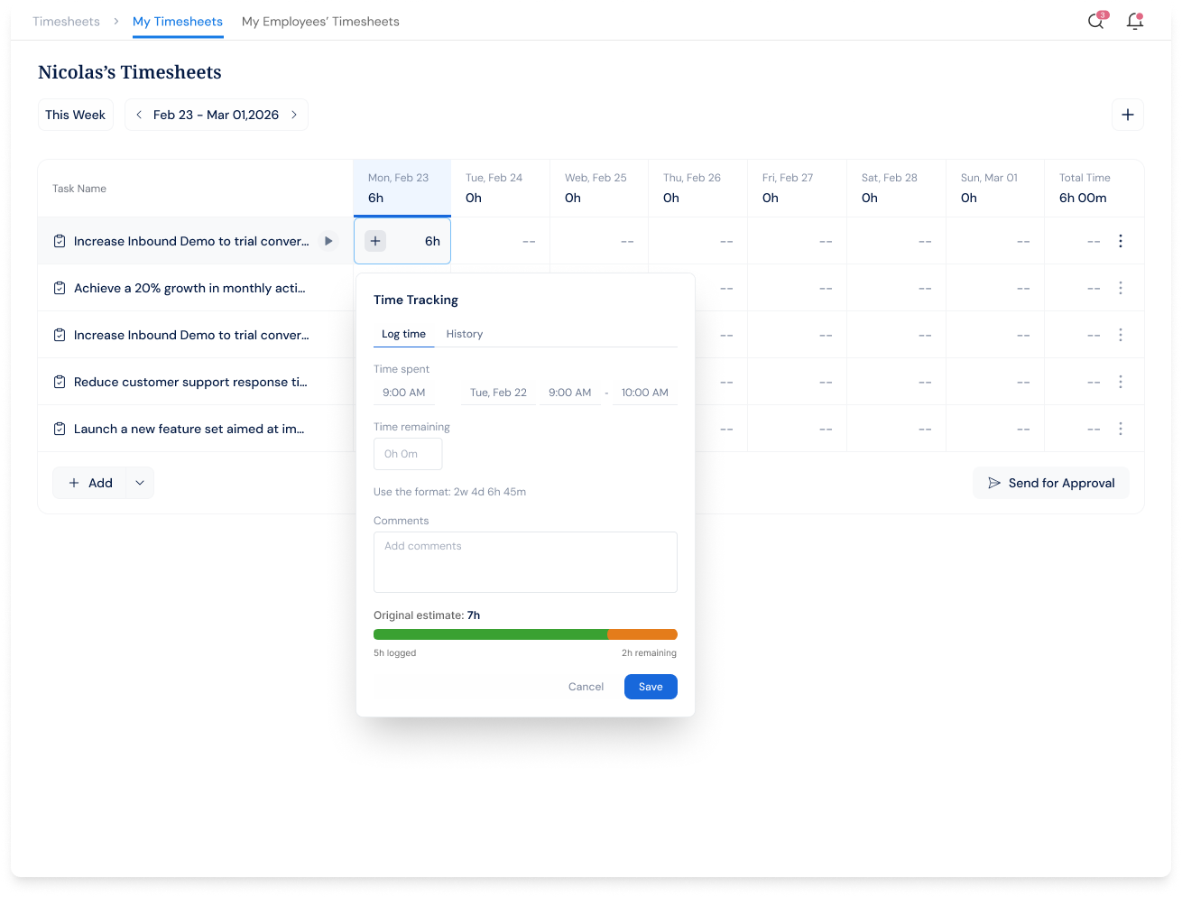 Profit.co timesheets weekly grid with task time entries