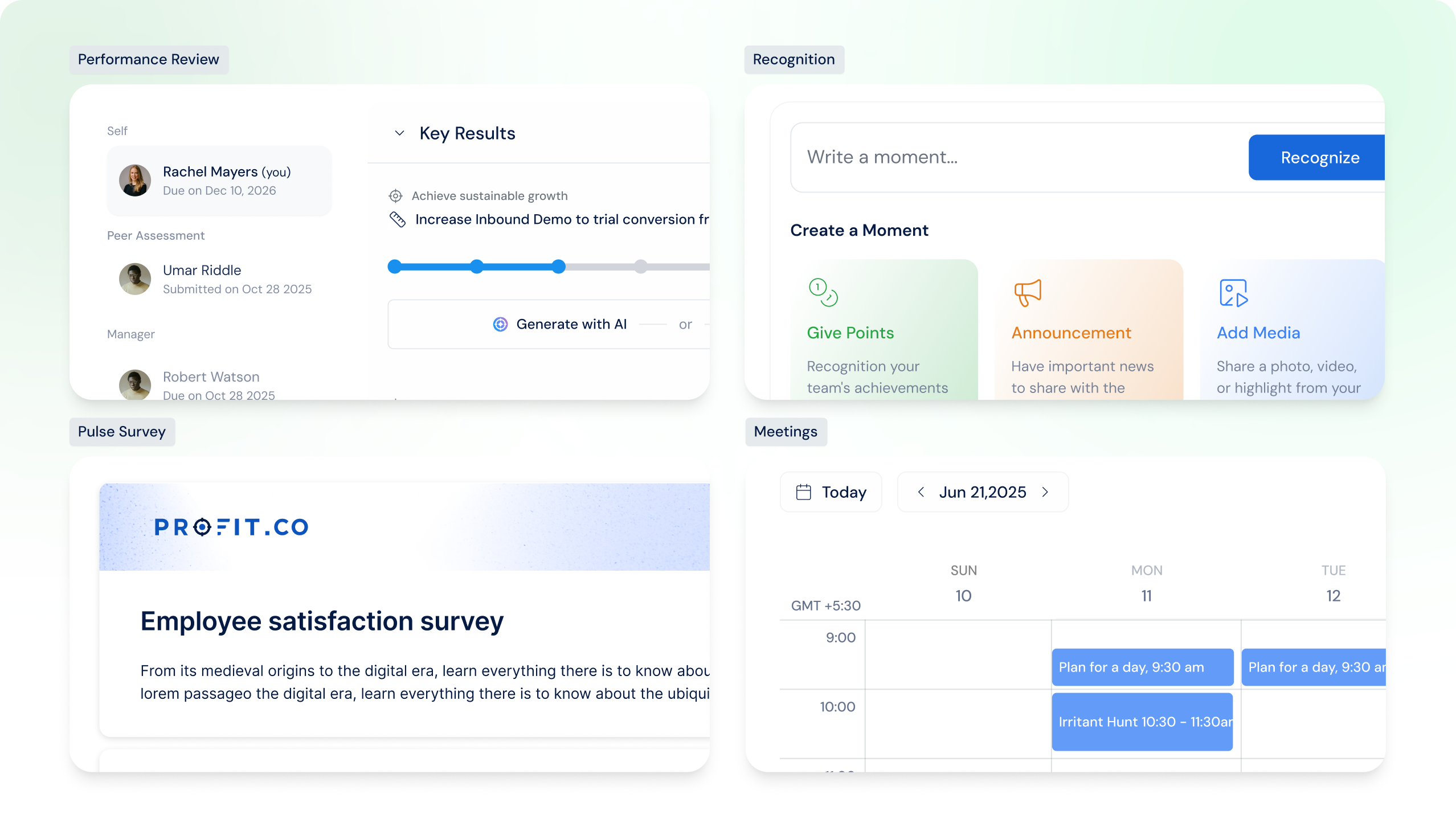 Profit.co Performance — Reviews, Recognition, Pulse Surveys, and Meetings