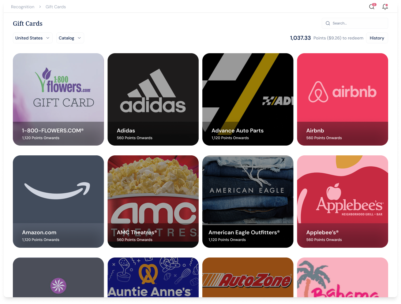 Profit.co recognition gift cards catalog