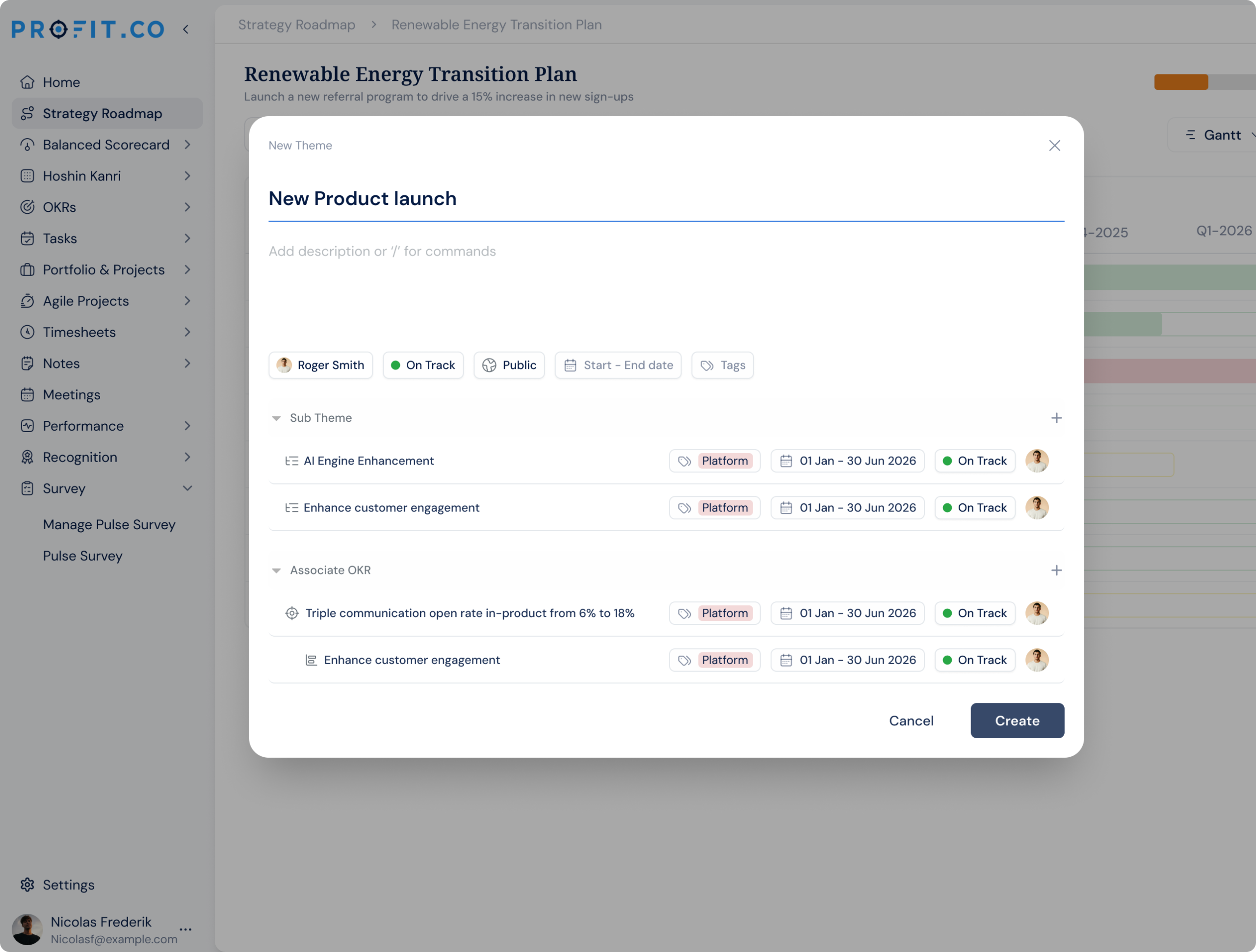 Profit.co strategy roadmap with themes, sub themes, and OKR associations
