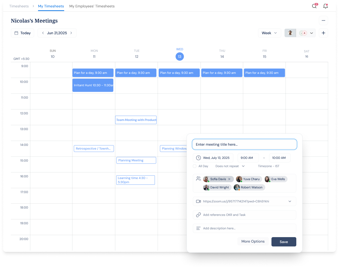 Profit.co meetings calendar with weekly schedule