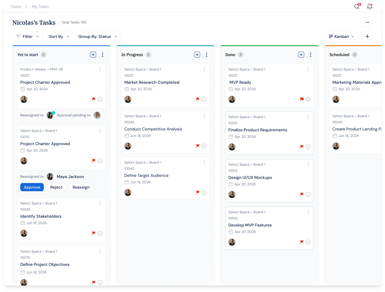 Profit.co tasks Kanban board with status columns and task cards