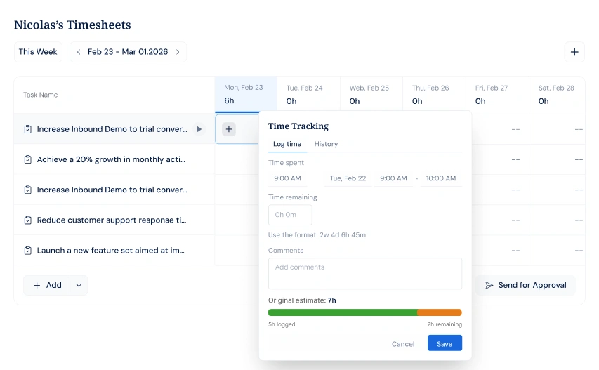 Timesheets weekly grid with task time entries