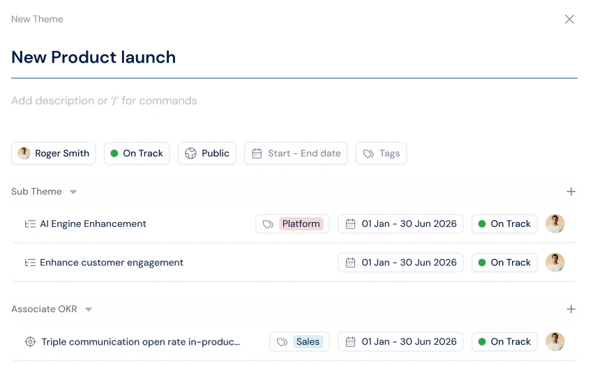 Strategy roadmap with themes, sub themes, and OKR associations