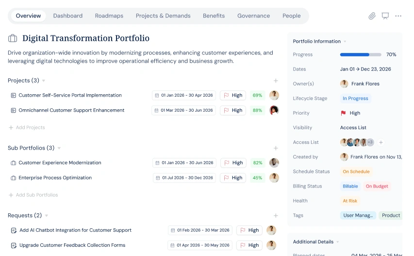 Portfolio management dashboard with project progress and ownership