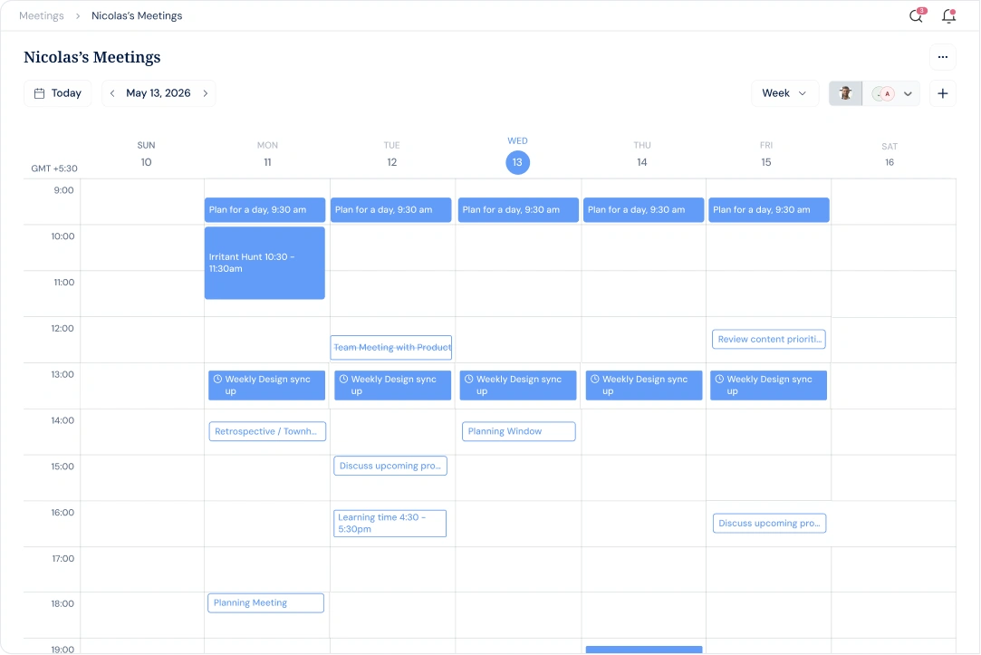 Profit.co meetings calendar with weekly schedule