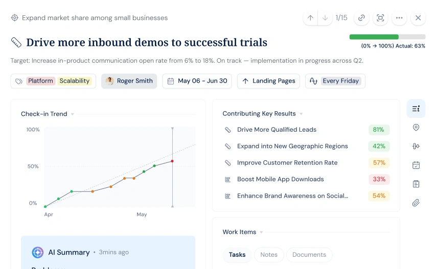 OKR dashboard showing check-in trends and contributing key results