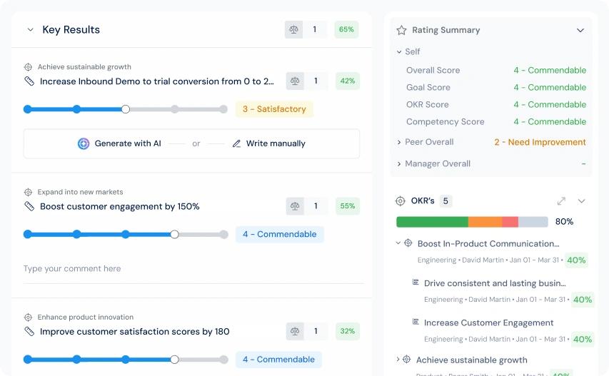Performance review interface with key results and feedback