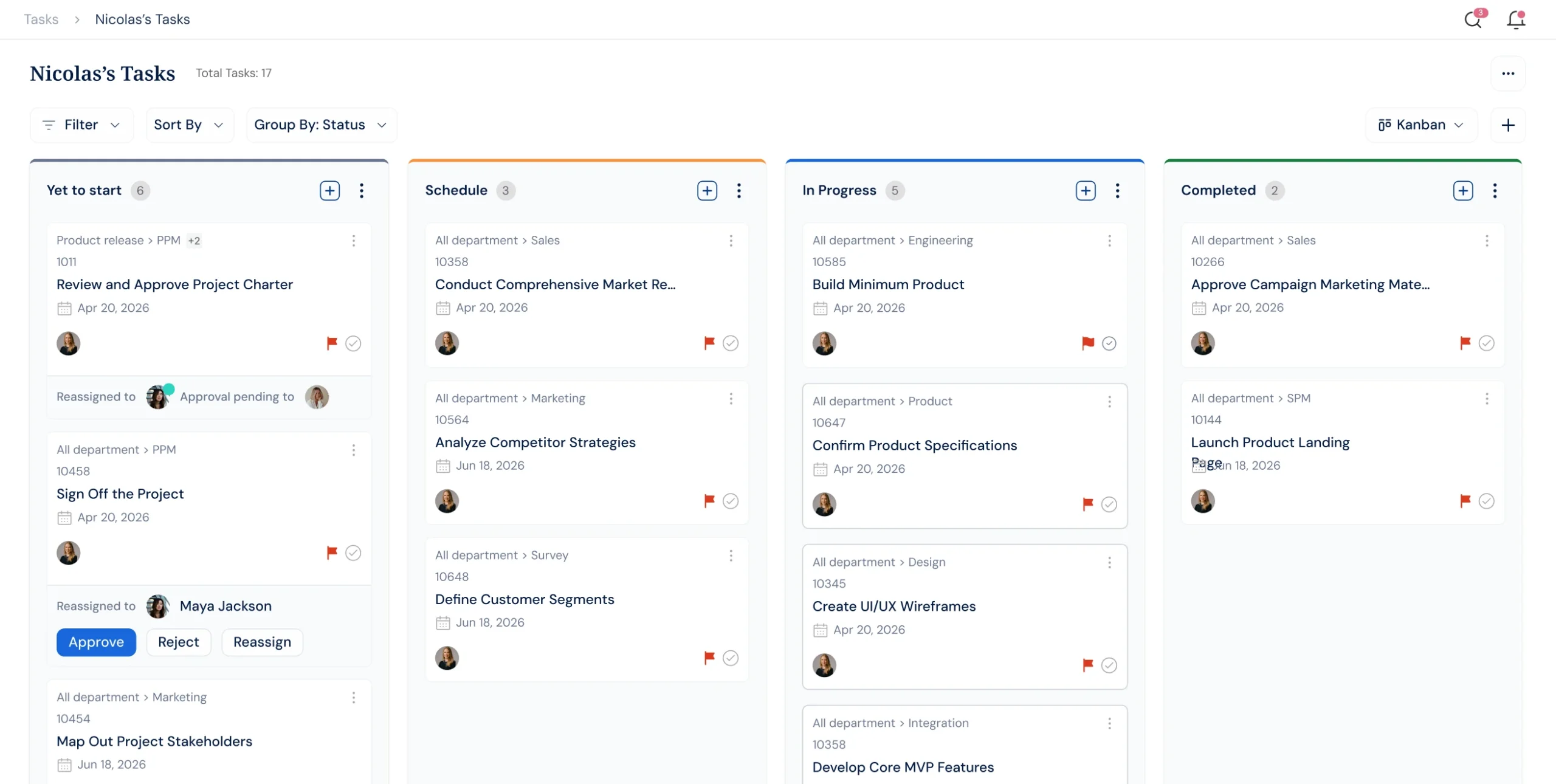 Profit.co tasks Kanban board with status columns and task cards