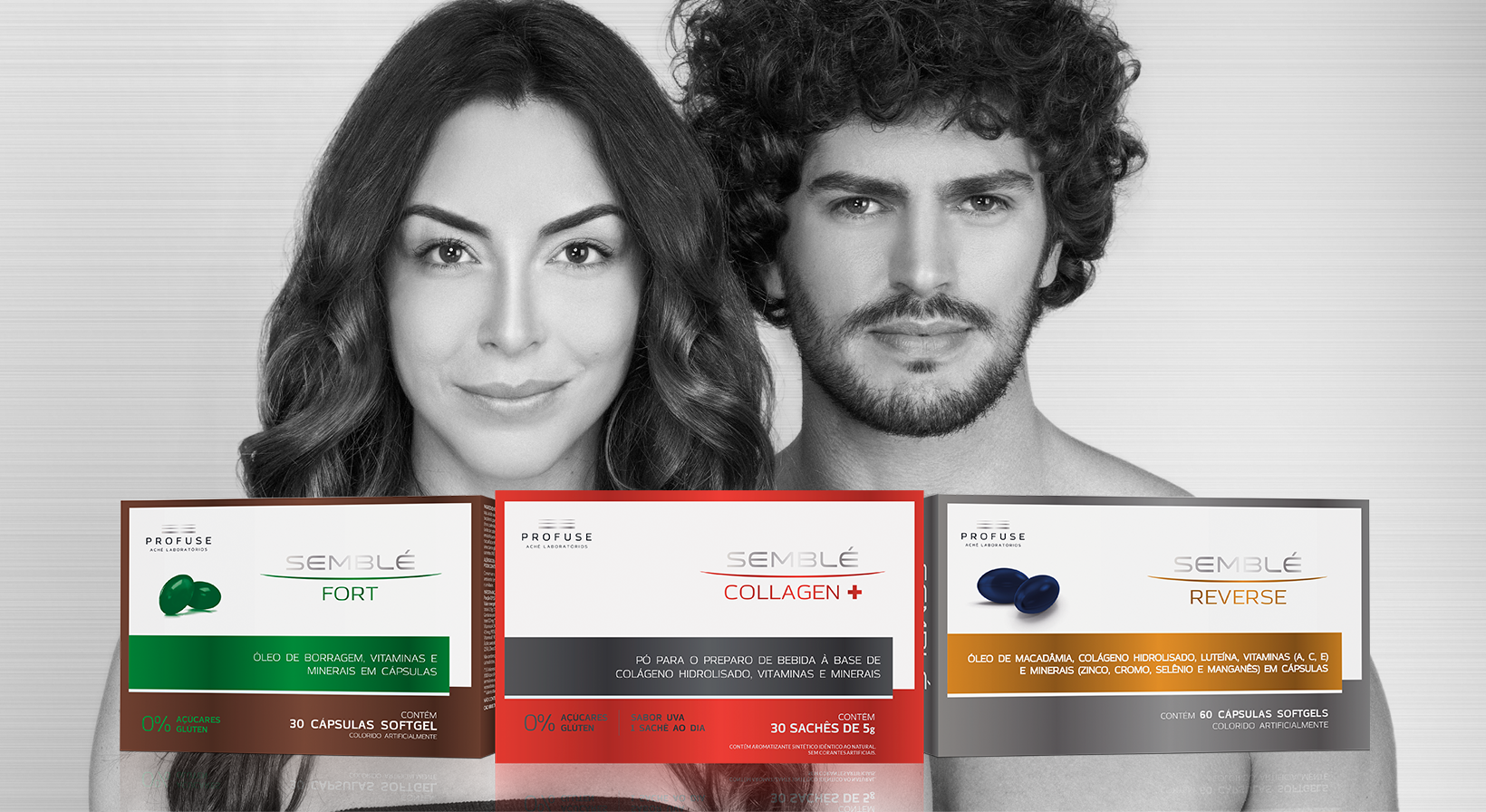 Imagem mostra os produtos Semblé Fort, Semblé Collagen+ e Semblé Reverse, e ao fundo um homem e uma mulher