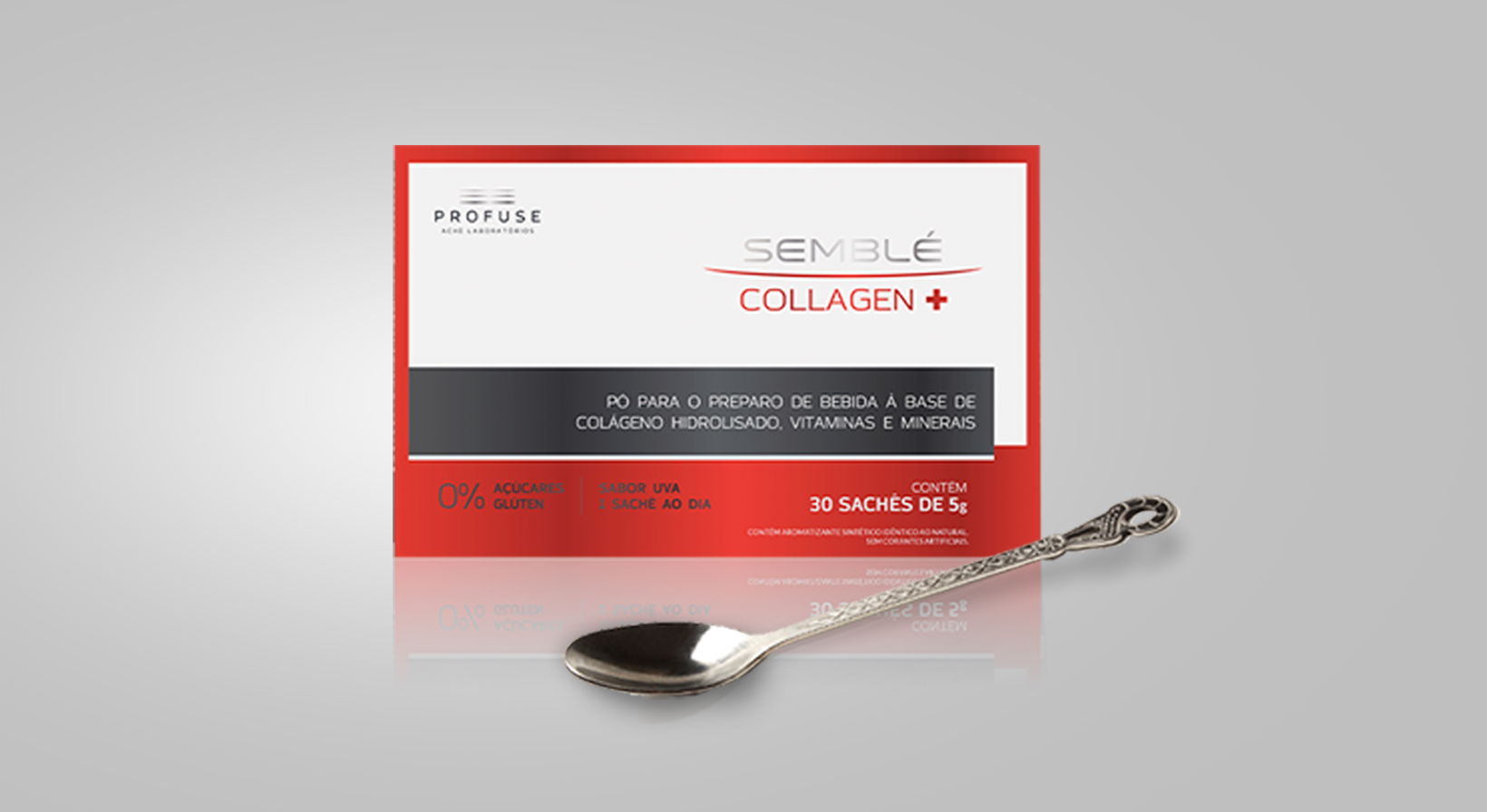 Imagem mostra o produto Semblé Collagen+ e uma colher em um fundo neutro