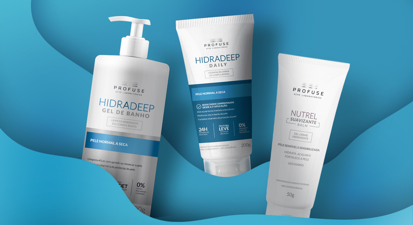 Imagem mostra os produtos Hidradeep Gel de Banho, Hidradeep Daily e Nutrel Suavizante Balm em ondas azuis