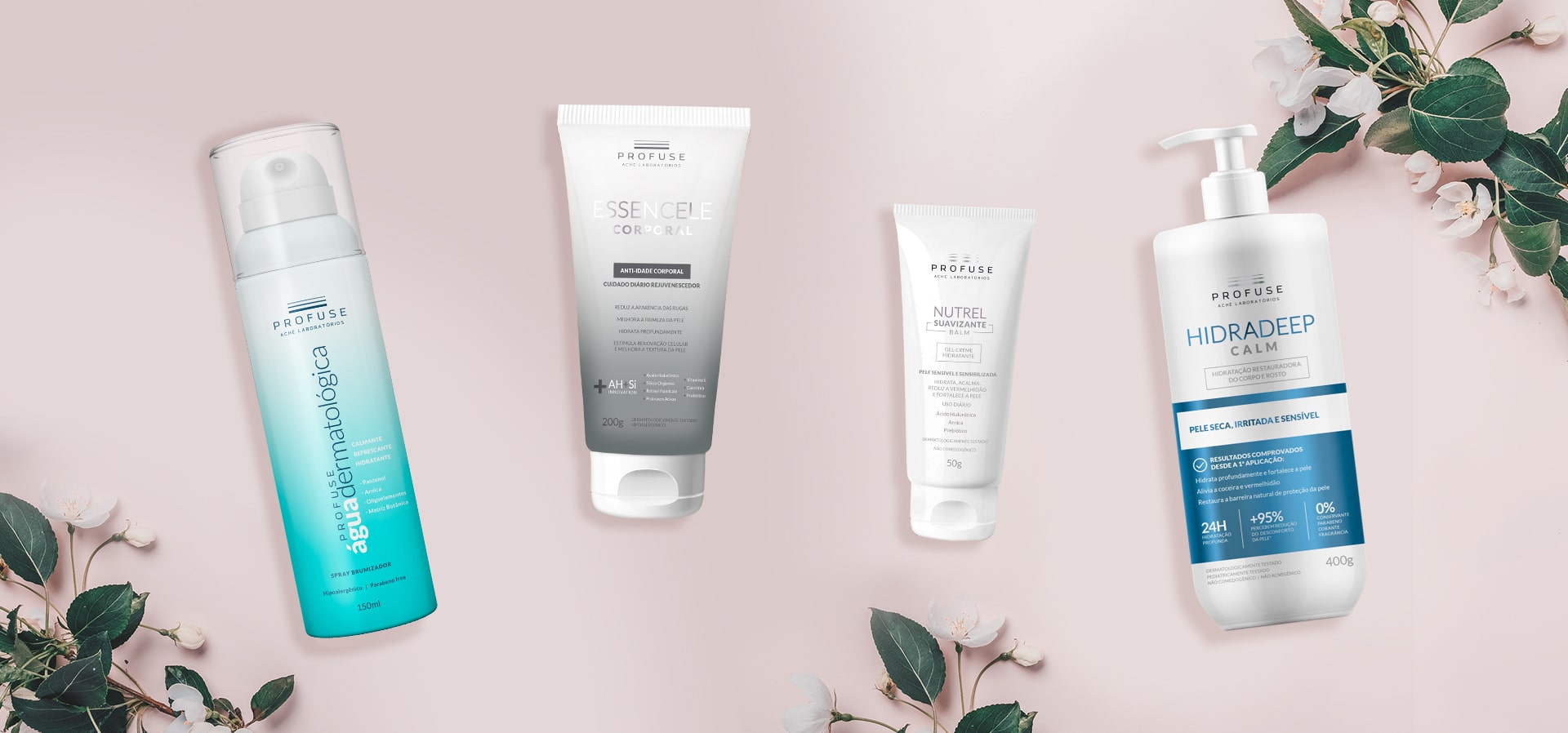 Profuse Água Dermatológica, Essencele Corporal, Nutrel Suavizante Balm e Hidradeep Calm em um fundo rosa claro