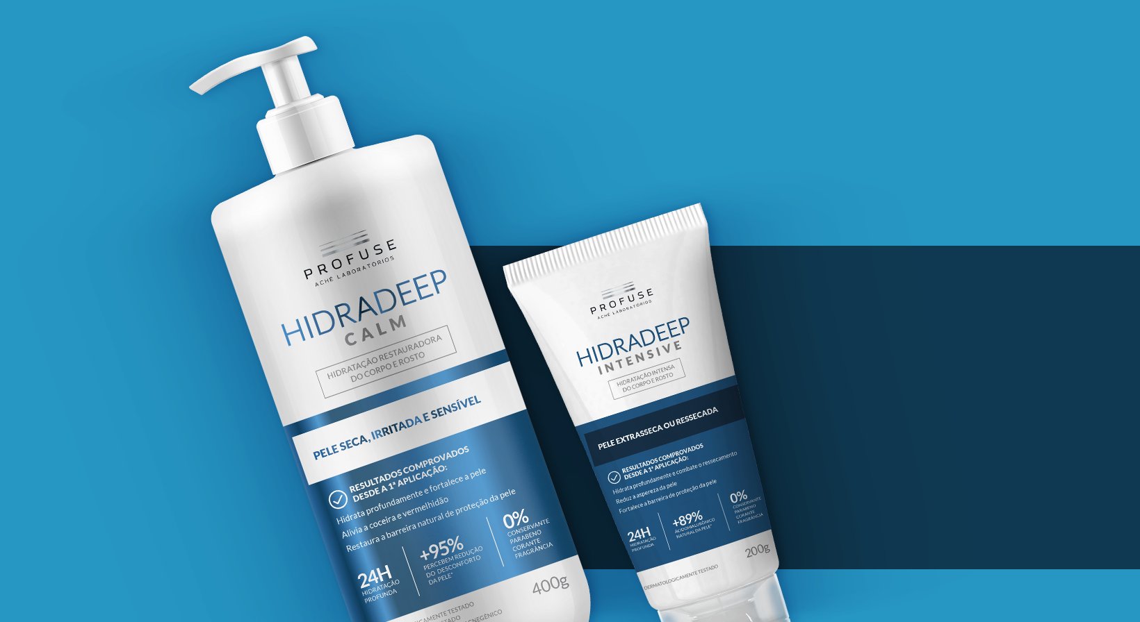  Imagem mostra os produtos Hidradeep Calm e Hidradeep Intensive em um fundo azul 